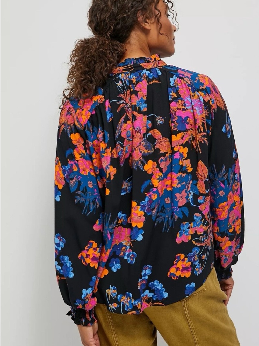 Euc ANTHROPOLOGIE MAEVE COLETTE PULLOVER PEASANT BLOUSE TOP PINK BLACK FLORAL M - Picture 3 of 11